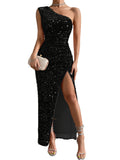 Glamorous Sequined One-Shoulder Gown - Thigh-High Slit, Tailored Fit - Ideal for Parties & Galas