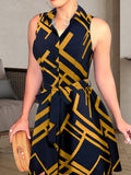 Chic Abstract Print Sleeveless Dress - Flattering Button Front & Tie-waist Detail - Stylish Lapel Collar - Ideal for Spring & Summer - Trendy Womens Clothing