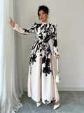 Stunning Floral Print Long Sleeve Belted A-line Dress with Elegant Ruffle Trim Mock Neck, Women's Clothing