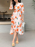 Stunning Floral Print Wrap Dress - Elegant Surplice Neckline, Ruffled Hem, Lantern Sleeves, Flowy Silhouette, Comfortable Wear, Women's Clothing