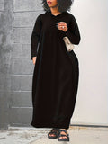 Plus Size Solid Long Sleeve Hooded Maxi Dress with Side Slit Pockets for Fall & Winter, Casual Women's Clothing