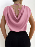 Elegant Micro Elasticity Crew Neck Blouse - Soft Polyester Draped Tie Back Shirt for Spring & Summer - Womens Solid Color Short Sleeve Shirting with Elegant Style