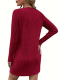 Zjkrl  -  Stylish Women's Solid Color Ribbed Dress - V-Neck, Long Sleeve, High Stretch, Machine Washable, Perfect for Fall/Winter