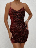Sultry Sequins Backless V Neck Dress - Sexy Spaghetti Strap, Flowy Silhouette, Club-Ready, Homecoming Party Perfect, Women's Clothing for a Night Out