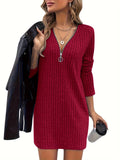 Zjkrl  -  Stylish Women's Solid Color Ribbed Dress - V-Neck, Long Sleeve, High Stretch, Machine Washable, Perfect for Fall/Winter