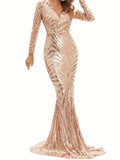 Long Sleeve Sequined Mermaid Fit and Flare Dress - Elegant V-neck, Geometric Pattern, Regular Sleeve, No Elasticity - Perfect for Wedding, Evening, Party, Banquet, Occasion, Engagement, and Ceremony