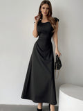 Elegant Peplum Maxi Dress for Women - Polyester Blend, Crew Neck, Solid Color, Sleeveless, Woven Summer Dress
