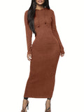 Drawstring Hooded Dress, Casual Long Sleeve Bodycon Maxi Dress, Women's Clothing