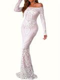 Mother of the Bride Mermaid Dress - Elegant Off Shoulder Graphic Pattern Bodycon Dress for Party, Banquet, and Special Occasions, Slim Fitting, Women's Formal Clothing