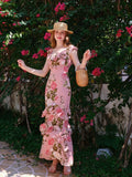 Floral Print Ruffle Trim Off Shoulder Dress, Elegant Stylish Slim Fit Maxi Dress For Spring & Summer, Women's Clothing