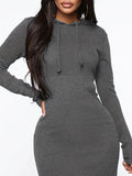 Drawstring Hooded Dress, Casual Long Sleeve Bodycon Maxi Dress, Women's Clothing