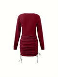 Women's Flattering Ruched Long Sleeve Dress - Adjustable Drawstring, Cozy Crew Neck Design, Versatile Casual Attire for Everyday Elegance