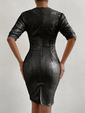 Glitzy Sequin Evening Dress - Flattering V Neck, Half Sleeves, Side Split - Glamorous Party & Clubwear for Women