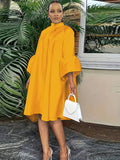 Plus Size Button Front Solid Dress, Elegant Mock Neck Ruffle Cuff 3/4 Sleeve Dress, Women's Plus Size Clothing