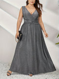 Plus Size Sparkling V-neck Formal Dress - Elegant Sleeveless A-line Ball Gown for Party, Banquet, and Special Occasions, Women's Plus Size Clothing with Glamorous Details