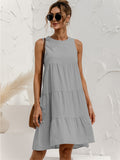 Zjkrl  -  Chic Solid Tiered Keyhole Back Tank Dress - Women's Vacation Sleeveless Crew Neck Loose Fit Dresses for Summer - Comfy Relaxed Style for Beach, Outdoor Activities