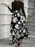 1pc Vintage Style Women'S Long Knit Dress with Floral Print and Contrast Color Puff Sleeves, Round Neck, Polyester, Loose Fit Skirt, Two-Tone Design for Autumn/Winter
