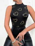 Heart Print Crew Neck Tank Top, Versatile Sleeveless Slim Summer Top, Women's Clothing