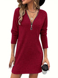 Zjkrl  -  Stylish Women's Solid Color Ribbed Dress - V-Neck, Long Sleeve, High Stretch, Machine Washable, Perfect for Fall/Winter