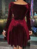 Women's Solid Velvet Surplice Neck Long Sleeve Dress, Casual Cinched Waist Fashion Clothing for Ladies