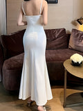 Elegant White V-Neckline Sleeveless Maxi Dress with Side Slit - Bodycon Fit, Stretchy Polyester & Elastane Blend, Machine Washable, Non-Sheer, Perfect for All Seasons, Women's Evening Gown