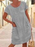 Vibrant Solid Color Crew Neck Dress - Women's Casual Short Sleeve Dresses for Spring & Summer - Comfortable, Breathable, Easy Care Clothing for Everyday Wear