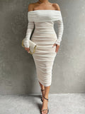 Glamorous Off-Shoulder Ruched Bodycon Dress - Chic Long Sleeve Evening Gown for Parties & Banquets - Premium Womens Fashion