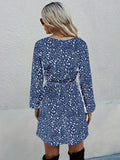Ditsy Floral Print Dress, Elegant Ruffle Hem Drawstring Long Sleeve Dress, Women's Clothing
