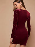 Elegant Velvet Ruched V-Neck Slim Fit Long Sleeve Bodycon Dress for Women - Party & Banquet Wear
