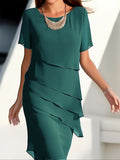 Layered Trim Crew Neck Dress, Elegant Short Sleeve Dress For Spring & Summer, Women's Clothing