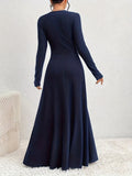 Long Sleeve Elegant Fit and Flare Maxi Dress - Soft Micro Elasticity Polyester Fabric, V-Neck Ribbed Surplice Neck, Machine Washable, Customized Style for Women - Perfect for Spring and Fall Seasons