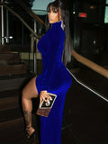 Chic Ruched Split Thigh Dress - High Collar, Long Sleeve, Solid Hue, Elegant Party Wear for Women - Fashionable & Form-Fitting