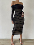 Glamorous Off-Shoulder Ruched Bodycon Dress - Chic Long Sleeve Evening Gown for Parties & Banquets - Premium Womens Fashion