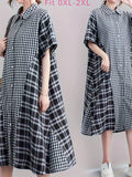 Zjkrl  -  Plus Size Casual Chic Loungewear Dress - Soft Patchwork Plaid Print, Button Up, Short Sleeve, Relaxed Fit, Comfortable Nightdress for Women