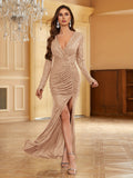 Long Sleeve Sequin Ruched Mermaid Bodycon Dress - Elegant V-Neck Plunging Split Evening Gown for Women - Hand Washable, Micro Elastic, Solid Color, Customized, All-Season Party & Banquet Outfit
