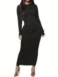 Drawstring Hooded Dress, Casual Long Sleeve Bodycon Maxi Dress, Women's Clothing