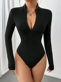 Slim-Fit Women's Bodysuit - Elegant Solid Color Zip-Up, Stretchy Polyester & Spandex Blend, Machine Washable