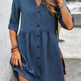 Zjkrl  -  Ladies casual simple solid color V-neck dress