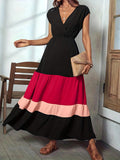 Zjkrl  -  Vibrant Color Block Surplice Neck Maxi Dress - Elegant Sleeveless A-Line Silhouette, Micro Elasticity, Polyester Fabric, Solid Color, Summer Essential - Womens Elegant Clothing for Special Occasions