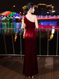 Elegant One Shoulder Velvet Cut Out Dress, Sleeveless Ruched Split Thigh Evening Gown for Party & Banquet, Women's Clothing