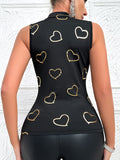 Heart Print Crew Neck Tank Top, Versatile Sleeveless Slim Summer Top, Women's Clothing