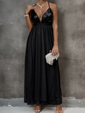 Sequined Deep V-neck Halter Dress, Elegant Smocked Aline Dress For Party & Banquet, Women's Clothing