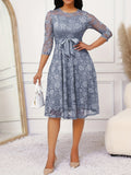 Stunning Contrast Lace Three-Quarter Sleeve Crew Neck Belted Dress - Women's Elegant Dresses for Spring & Fall - Perfect for Ladies' Daily Wear, Party, and Outdoor Activities