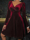 Women's Solid Velvet Surplice Neck Long Sleeve Dress, Casual Cinched Waist Fashion Clothing for Ladies