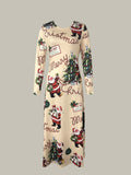 Festive Santa Print Maxi Dress for Women - Soft Casual Crew Neck Long Sleeve Dress with Relaxed Fit - Perfect for Holiday Parties and Everyday Wear