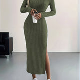 Zjkrl  -  Long Sleeve Bodycon Ribbed Knit Dress - Sexy Crew Neck Split Thigh Slim Fit with Mid Elasticity - Machine Washable Polyester Fabric for Fall/Winter Season