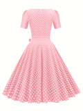 Summer Vintage Chic Polka Dot Dress – Elegant Square Neck, Knee-High with Belt, Breathable Cotton Blend – Easy Care