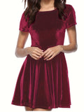 Elegant Velvet Dress - Fitted Solid Waist, Ruffled Hem, Short Sleeves, Classic Crew Neck - Exuding Sophistication, Designed for Womens Clothing