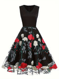Adult Women's All-Season Vintage Floral Print Embroidered V-Neck Polyester Blouse Dress