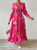 Four-Season Wear Polyester Midi Elegant Dress with V-Neck, Leaf Hem, Floral Print, and Random Pattern